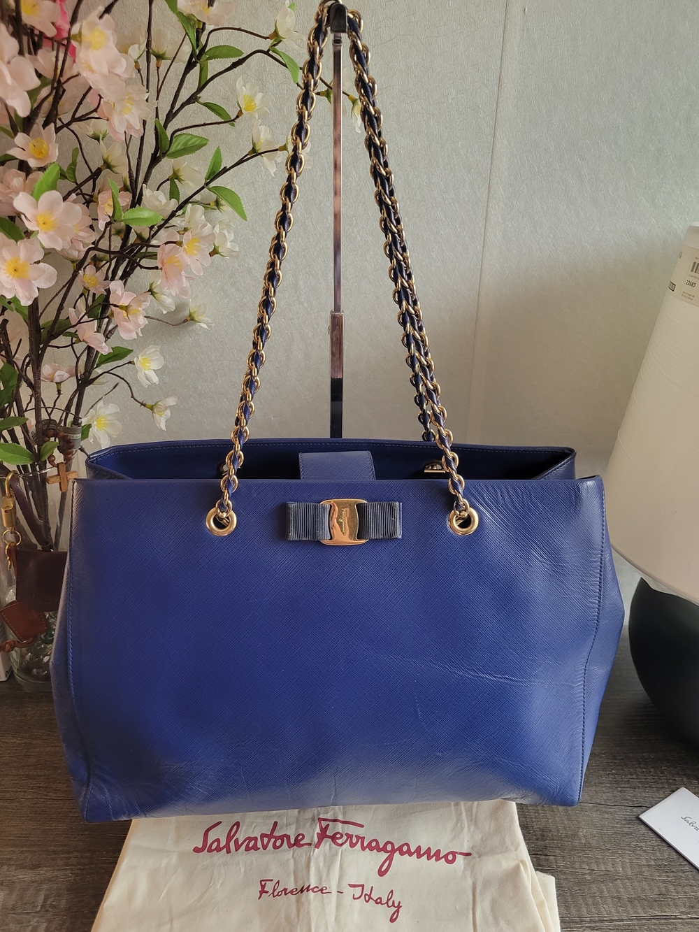 Salvatore Ferragamo Royal Blue Leather Chain-Handle Shoulder Bag